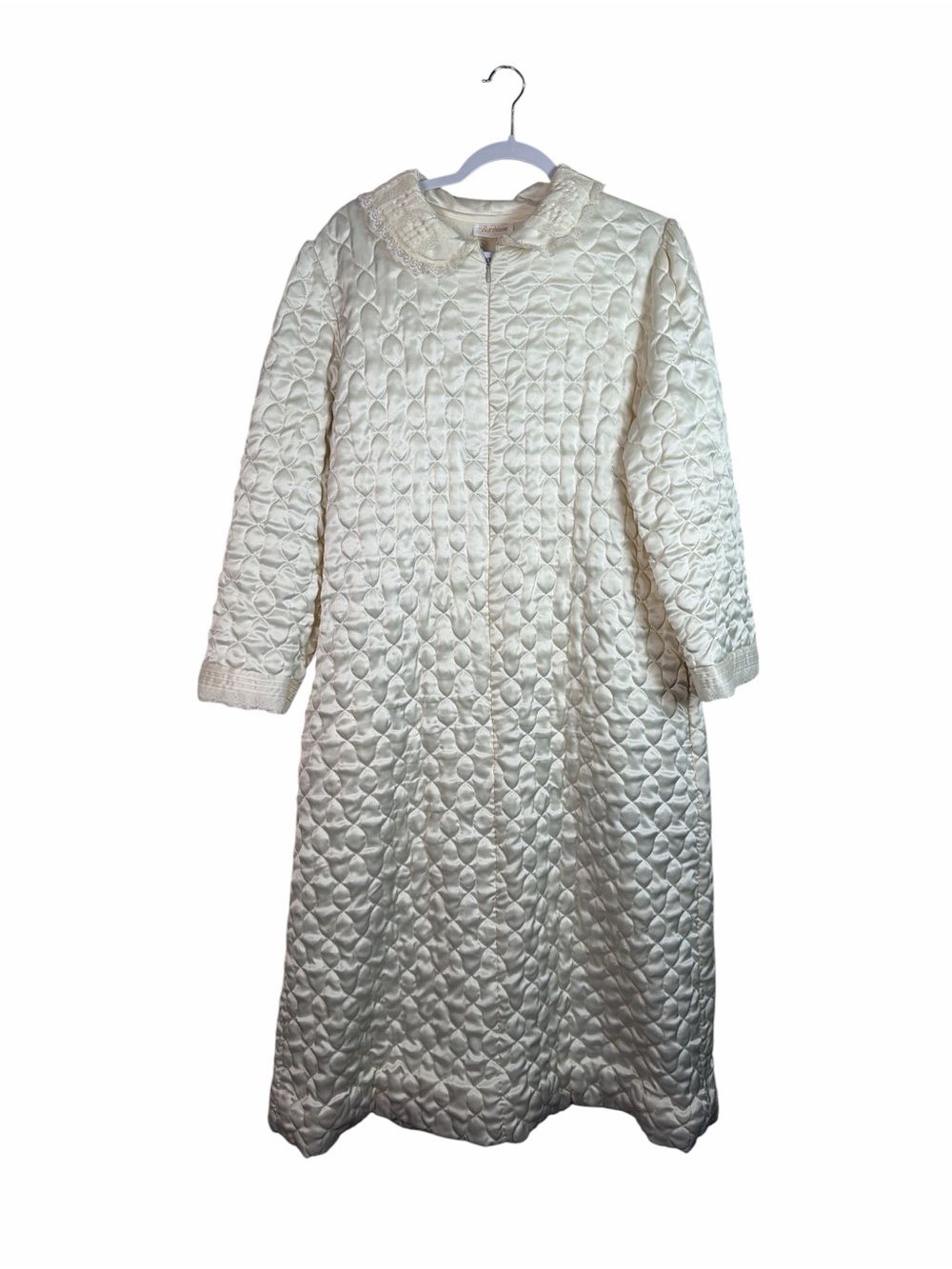 Vintage Barbizon Ivory Quilted Satin Robe Housecoat L/XL Lace Zip Front